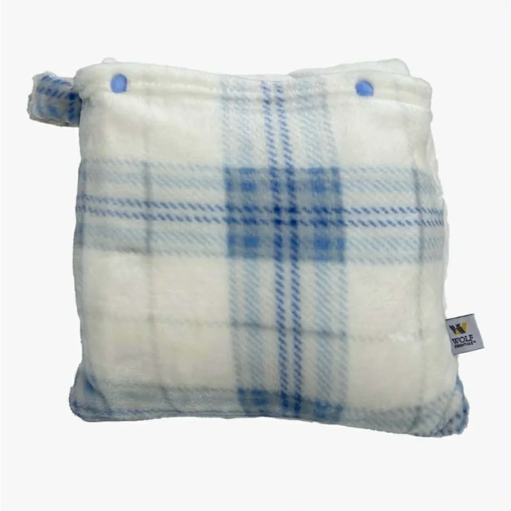 Versatile Blue plaid fleece Scarf with Pockets folds into travel pillow
